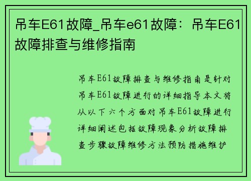 吊车E61故障_吊车e61故障：吊车E61故障排查与维修指南